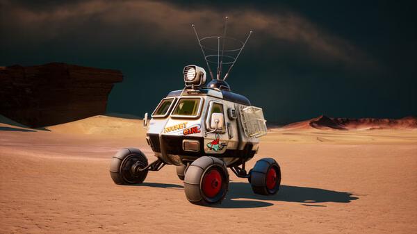 Screenshot from 'The Invincible' showing a futuristic rover on a desert landscape, with rocky formations in the background.