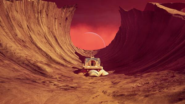 Screenshot from 'The Invincible' showing a rover navigating a dramatic canyon landscape under a red sky with a distant planet visible.
