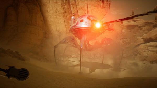 A screenshot from The Invincible showing a large, glowing red robotic machine with multiple legs in a desert canyon setting.