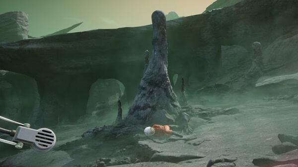 Screenshot from The Invincible showing a rocky alien landscape with a fallen astronaut in an orange suit near strange formations.