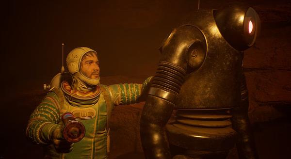 Screenshot from The Invincible: A suited astronaut touches a large robot in a dimly lit environment.