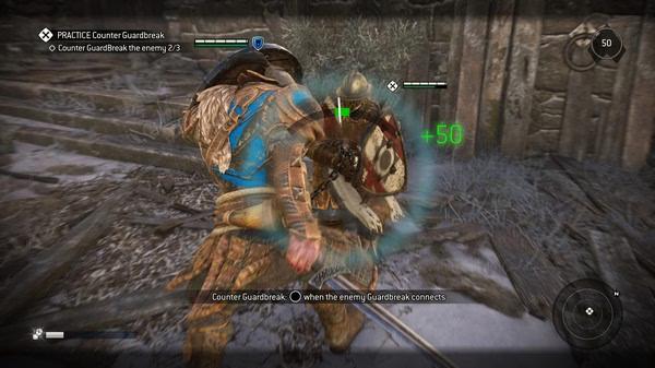 For Honor screenshot: A warrior counters an enemy's guardbreak in combat, with health points displayed on screen.