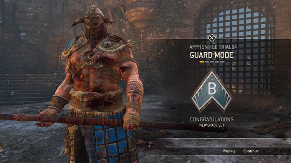 For Honor screenshot: A warrior in armor stands holding a large weapon, with "Guard Mode" and grade B displayed on the screen.