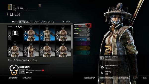 For Honor screenshot: Nobushi character in inventory menu with various gear options displayed on screen.