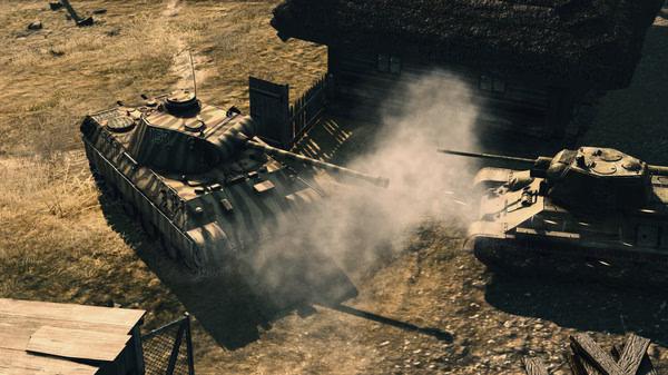 Screenshot from Call to Arms - Gates of Hell: Ostfront showing two tanks engaged in battle near a wooden house in a rural area.
