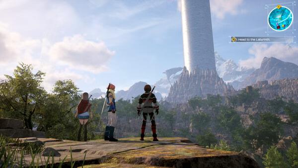 Screenshot from Echoes of Aincrad showing three characters standing on a hill, gazing at a towering structure in the distance.