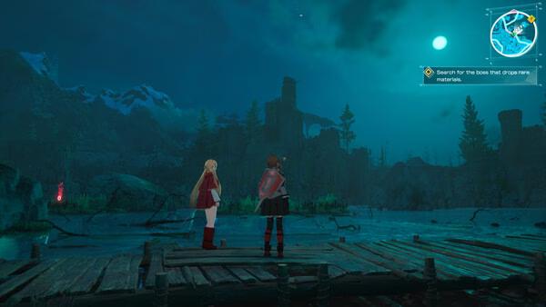 Echoes of Aincrad screenshot: Two characters stand on a wooden dock under a glowing moon, overlooking ruins and a quest marker.