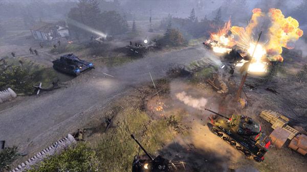 Company of Heroes 3 screenshot: Tanks engage in battle amidst explosions and soldiers advancing through a forested area.
