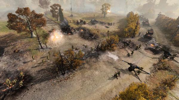 Company of Heroes 3 screenshot: Soldiers engage in intense battle amidst smoke and explosions on a rural battlefield.