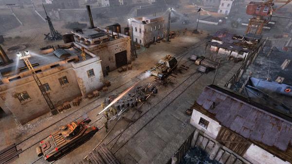 Company of Heroes 3 screenshot showing troops advancing near buildings, a tank, and a docked ship in a coastal urban setting.
