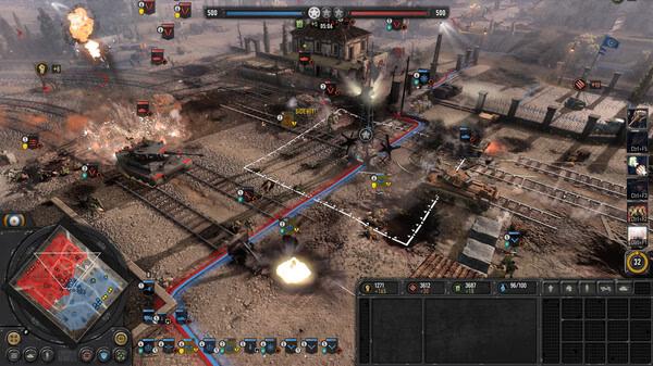 Company of Heroes 3 screenshot: Intense battle scene with tanks and troops near a railway station, strategic map visible.