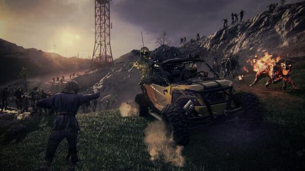 A Call of Duty: Modern Warfare III screenshot shows a soldier near an ATV facing a horde of zombies on a grassy hill at sunset.