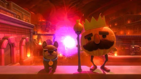 Screenshot from Overcooked! All You Can Eat showing a dog and king figure with a staff against a fiery backdrop.