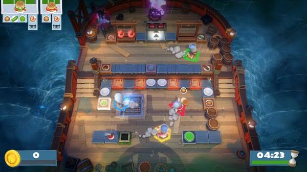 Overcooked! All You Can Eat screenshot: Chefs frantically prepare dishes on a pirate ship kitchen.