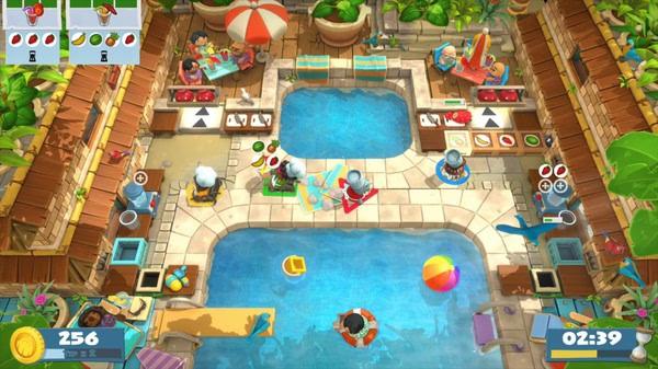 Overcooked! All You Can Eat screenshot: Chefs cooking in a vibrant poolside kitchen, preparing dishes under time pressure.