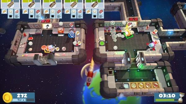 Overcooked! All You Can Eat screenshot: chaotic space kitchen scene with chefs preparing meals and a rocket below.