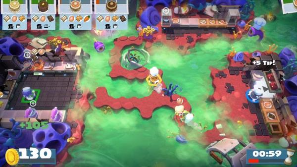 Screenshot of Overcooked! All You Can Eat showing chefs cooking in a vibrant, alien-themed kitchen with various ingredients.