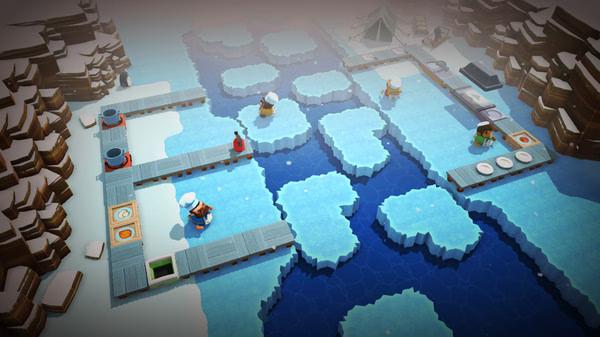 Overcooked screenshot: Players navigate icy platforms, cooking and serving dishes while avoiding hazards in a snowy environment.