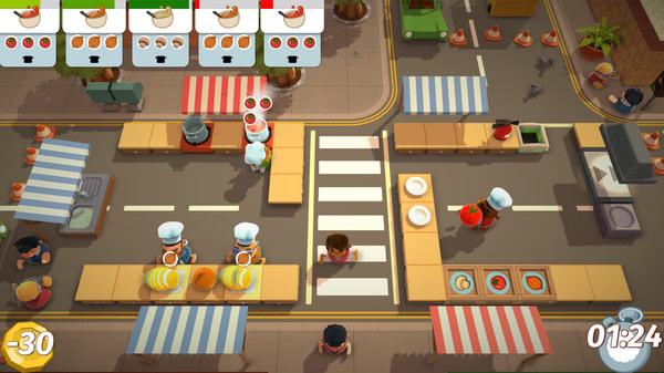 Overcooked screenshot: Chefs rush in a bustling street market kitchen, preparing dishes and ingredients under a timer.