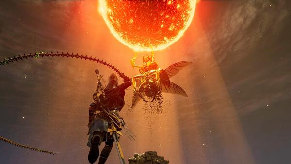 A screenshot from Soul Mask shows a warrior leaping toward a glowing fiery entity under a bright, burning sun.