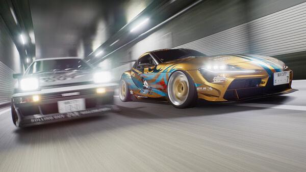 Tokyo Xtreme Racer screenshot showing two cars racing through a brightly lit tunnel, with motion blur emphasizing high speed.