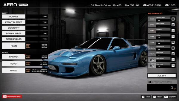 Screenshot from Tokyo Xtreme Racer: A blue sports car shown in a garage with customization options displayed on the screen.