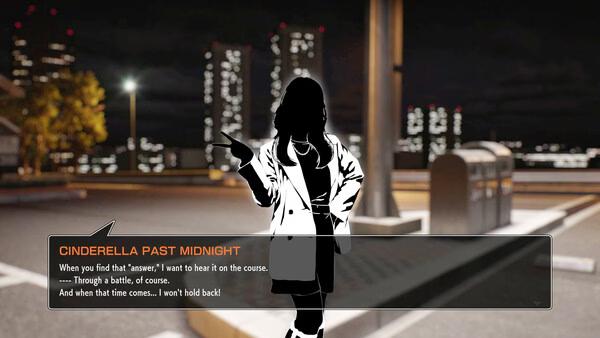 Screenshot from Tokyo Xtreme Racer showing a silhouetted character with dialogue overlay against a nighttime city backdrop.