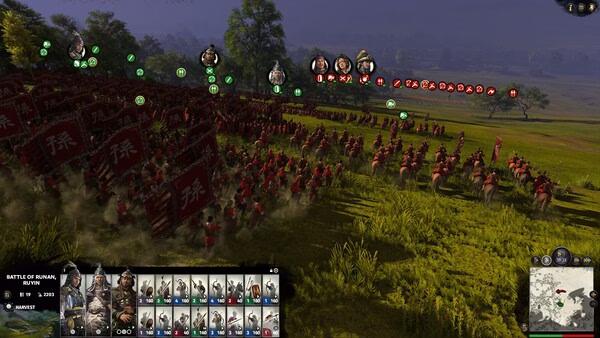 Screenshot from Total War: Three Kingdoms showing a massive cavalry charge in a lush battlefield during the Battle of Runan.
