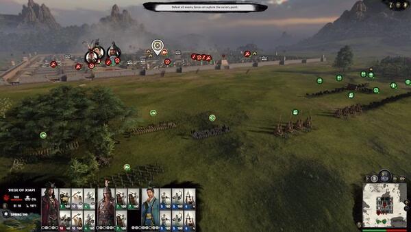 Screenshot of Total War: Three Kingdoms showing an army preparing to siege a fortress surrounded by mountains and grassy plains.