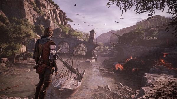 A Plague Tale: Requiem screenshot showing a character overlooking a river scene with boats, bridges, and distant mountains.