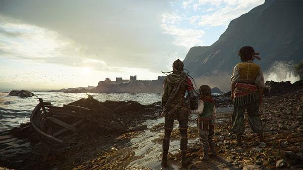 Screenshot from A Plague Tale: Requiem showing three characters standing on a rocky shore, gazing at a distant castle.