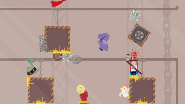Screenshot of Ultimate Chicken Horse featuring a purple koala, a chicken, and a snake navigating a platforming obstacle course.
