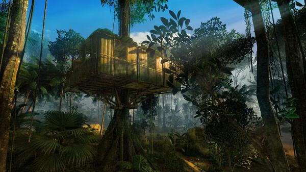 A Green Hell screenshot showing a treehouse surrounded by dense jungle foliage under a bright, clear sky.
