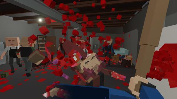 Screenshot from Paint the Town Red: chaotic scene with blocky characters fighting in a room, red blocks scattered around.