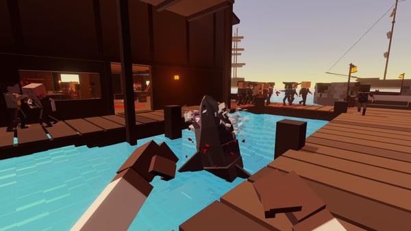 Screenshot from Paint the Town Red showing a shark attacking near a dock as blocky characters run and fight in the background.