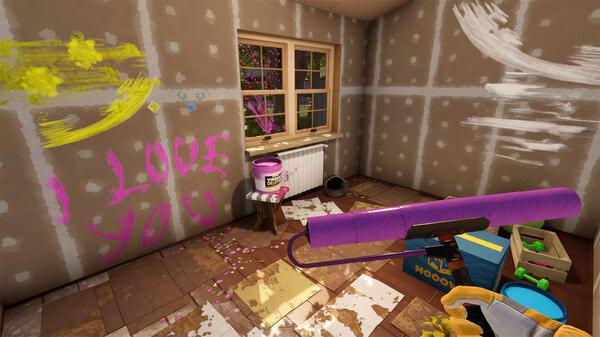 House Flipper 2 screenshot: A room with unfinished drywall, paint supplies, and "I Love You" graffiti on the wall.