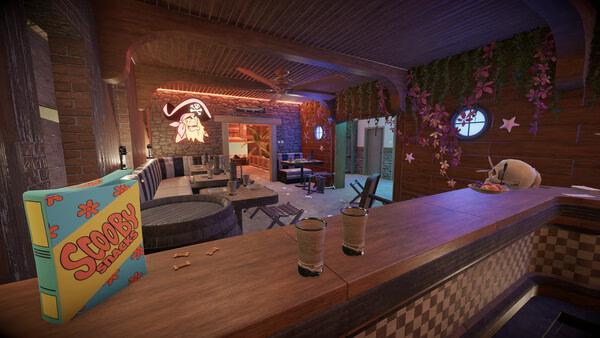 House Flipper 2 screenshot: A lively bar area featuring a Scooby Snacks box and tropical decor with plants and starfish accents.