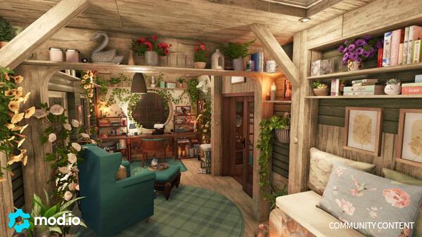 House Flipper 2 screenshot featuring a cozy, flower-filled living room with wooden decor, bookshelves, and a teal armchair.