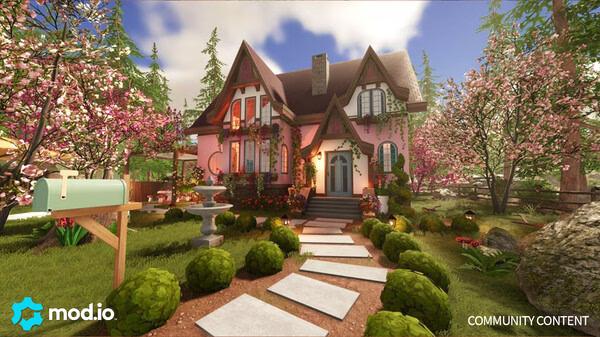 Screenshot from House Flipper 2 showing a beautifully renovated pink house surrounded by blooming trees and a landscaped garden.