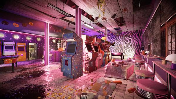 House Flipper 2 screenshot: A vibrant arcade room with vintage machines, colorful decor, and scattered debris on the floor.