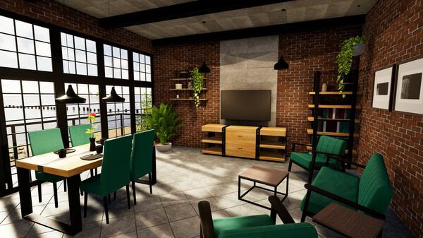 Screenshot from House Flipper 2: A modern living room with brick walls, green chairs, and large windows displaying sunlight.