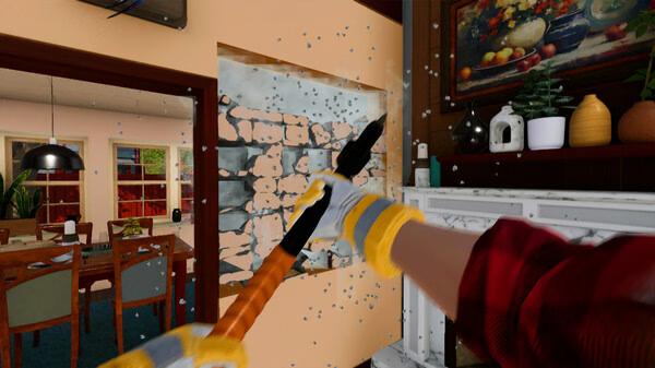 House Flipper 2 screenshot: A player uses a hammer to break a wall in a cozy living room, revealing stonework beneath.