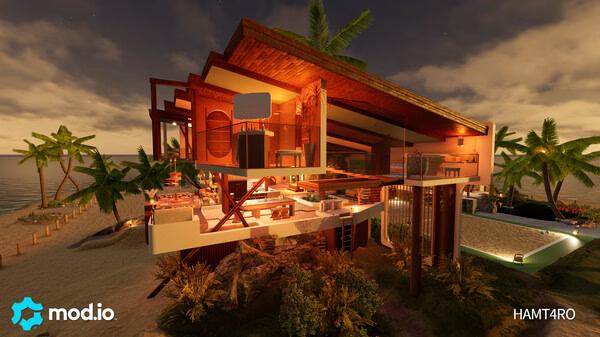 Screenshot from House Flipper 2 shows a modern, open-concept beach house with palm trees and warm lighting.