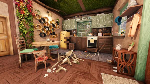 House Flipper 2 screenshot: A rustic kitchen with hexagonal shelves, a wooden table, and scattered debris on the wooden floor.