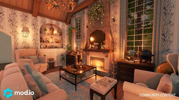 Screenshot from House Flipper 2 showing a cozy living room with a lit fireplace, elegant furniture, and decorative elements.