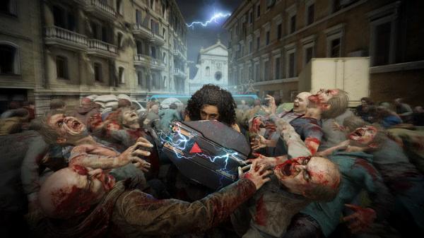 World War Z screenshot: A character with curly hair uses an electrified shield to fend off a horde of zombies in a city street.