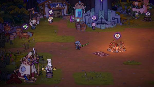 Lost Castle 2 screenshot: A character with a sword stands in a colorful village with NPCs, tents, and a glowing campfire.