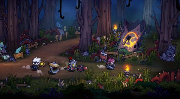 Screenshot from Lost Castle 2 showing four characters exploring a mystical forest with glowing stones and eerie trees.