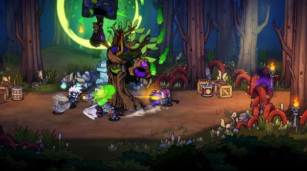 Screenshot from Lost Castle 2: Players battle a mystical tree creature in a forest, surrounded by glowing green lights and crates.