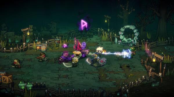 Lost Castle 2 screenshot: Characters battle zombies in a dark, eerie forest setting with glowing runes and mystical elements.